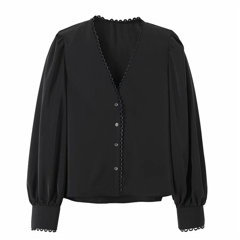 Streetwear Women Chiffon Shirts Fashion Ladies V-Neck Solid Black Tops Elegant Female Chic Button Loose Blouses 210430