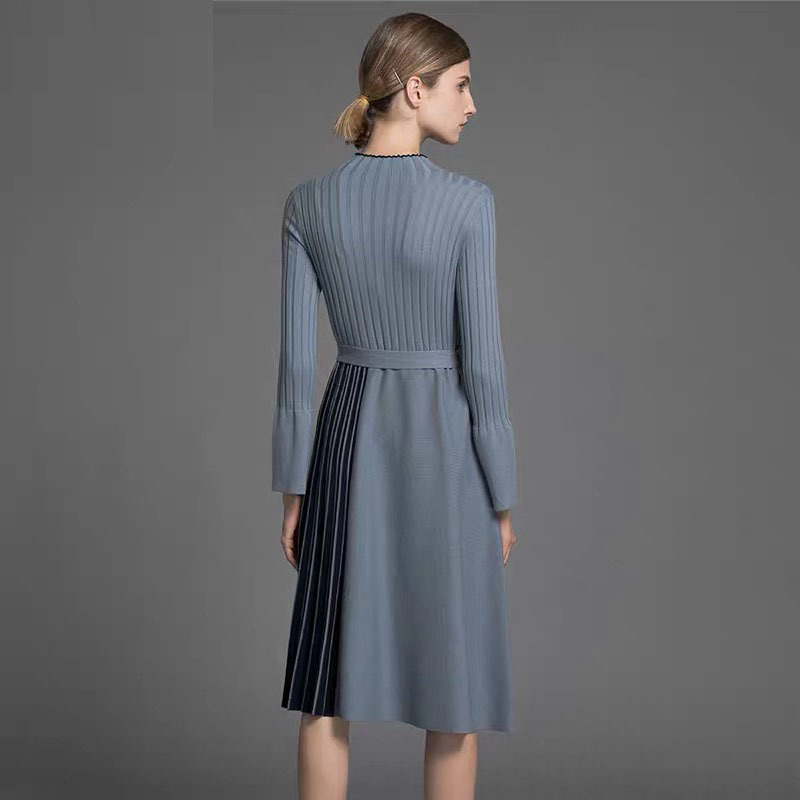 elegant lady midi dress patchwork striped blue flare long sleeve office robe dresses autumn winter plus size 210421
