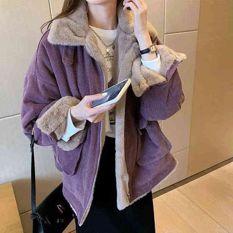 Lucyever Thicken Women's Winter Jacket Korean Loose All-match Corduroy Coat for Women Oversize Casual Zipper Warm Plush Overcoat 211221wtt