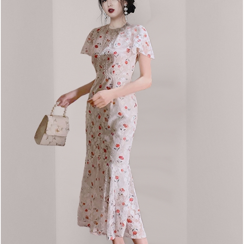 Summer Elegant O-neck Cherry Print Women Dress Short sleeve Slim Bohemia Lace es A-Line Ladies Wrap Vestidos 210520