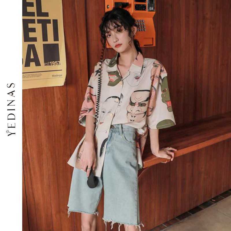 Yedinas Japanese Streetwear Ukiyoe Print Summer Blouse Women Collared Button Up Shirt Short Sleeve Top And Clothing 210527
