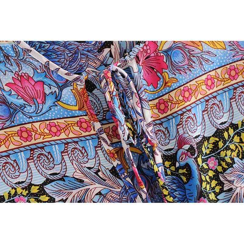 BOHO Lace up V neck Floral Peacock Print Maxi Long Cotton Dress Ethnic Woman Bandage Sleeve Dresses Holiday Vestido 210429