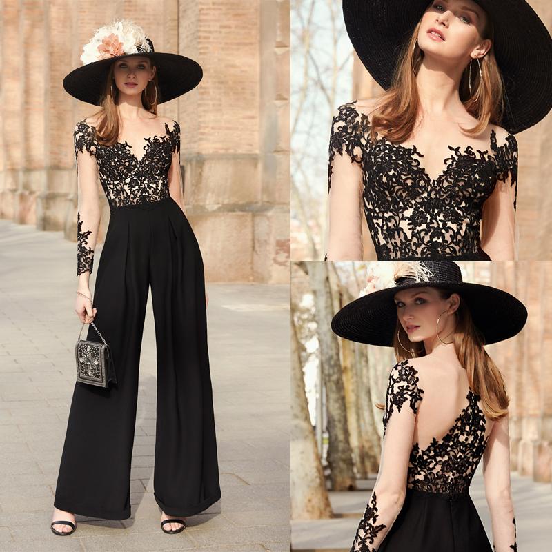 Elegant Black Evening Dress Women Jumpsuits Prom Wear Lace Appliques Crew Neck Long Illusion Sleeves Formal Occasion Bridal Party Dresses Runway Recep