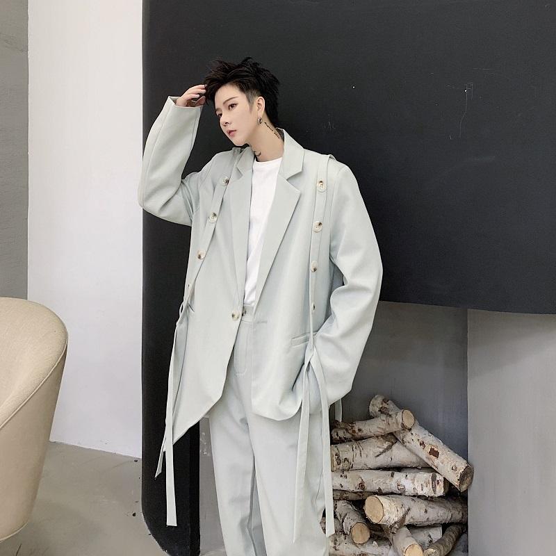 Men's Suits & Blazers Men 2 Pieces Sets Asymmetric Design Ribbon Casual Suit Jacket Pant Male Women Fashion Show Blazer Coat Trousers Stage