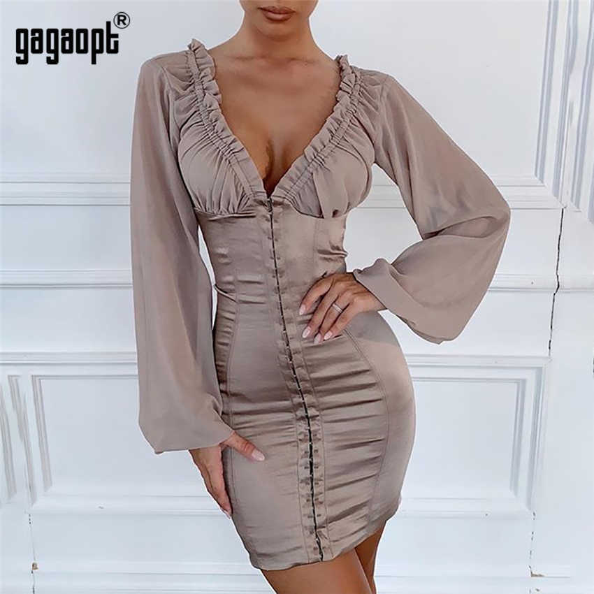 Ruffle Bodycon Dress: Long Sleeve Patchwork Khaki Party Dress For Women (Q190530)