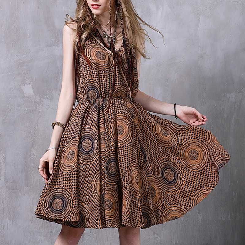 Summer Chic Print Chiffon Big Swing Dresses for Women Vintage V-neck Fashion Vest Elegant Office Lady Vestidos 210525
