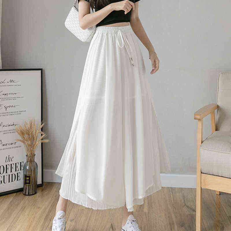 Spring Autumn Style Pleated Chiffon Wide Leg Pants Fashion High Waist Drape Elegant Ankle-length Skirt Trousers 211115