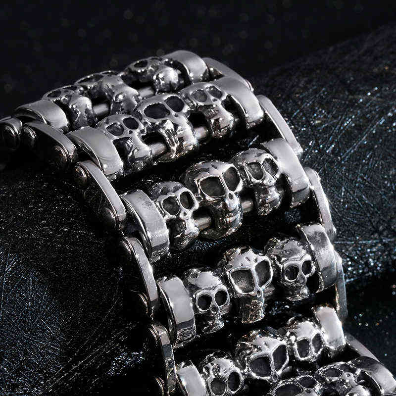 Fongten Wholesale Wide Skull Stainless Steel Bracelets Men Metal Biker Viking Charm Large Argent Bracelet Bangle Jewelry 211124