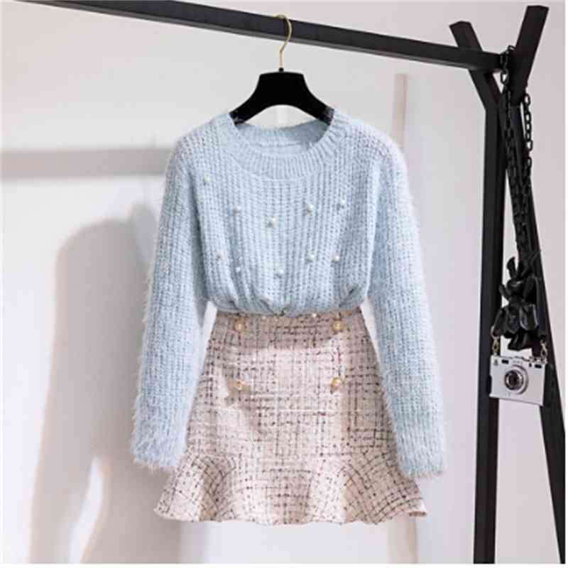 Autumn Winter Two Piece Set Women Elegant Beading Knitted Sweater+High Waist Tweed Plaid Mermaid Skirt Ladies Outfits 210520