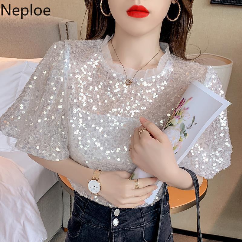 Neploe Summer Shirt Female Fashion Gauze Sequined Lantern Sleeve T Shirt Korean Loose Short Temperament Elegant Top Tees 210422