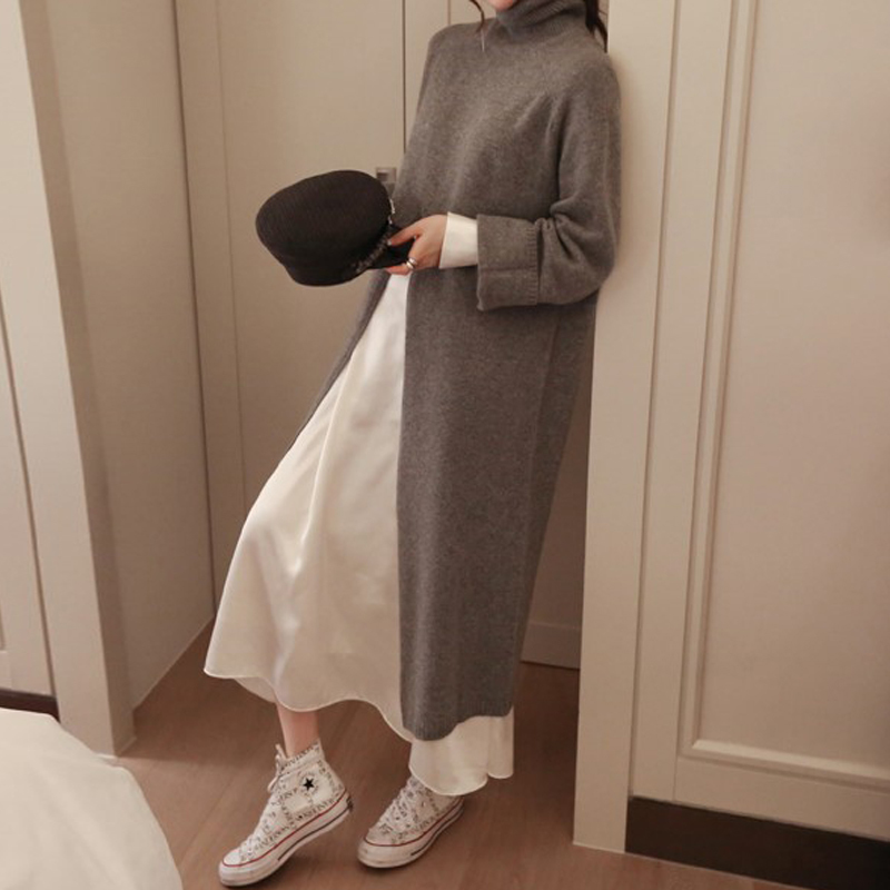 Women Winter Warm Sweater Dress Knitted Long Loose Maxi Oversize Lady Turtleneck Bodycon Robe Vestidos 210520
