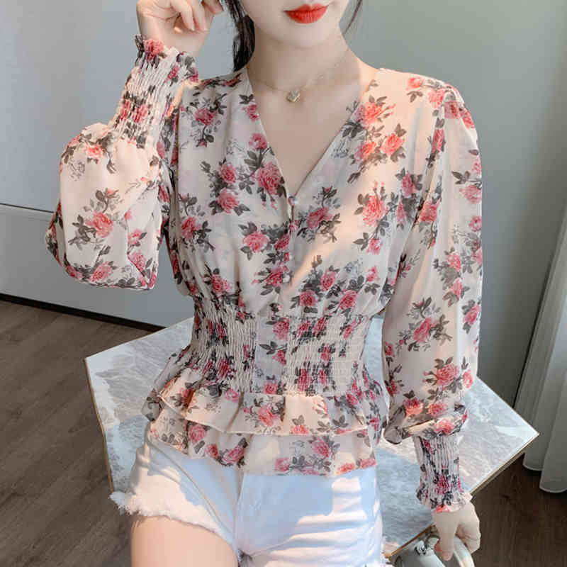 Casual V-Neck Lantern Long Sleeve Shirt Floral Print Shirts Women Chiffon Blouses Blusas Mujer Autumn Pullover Tops 10585 210506