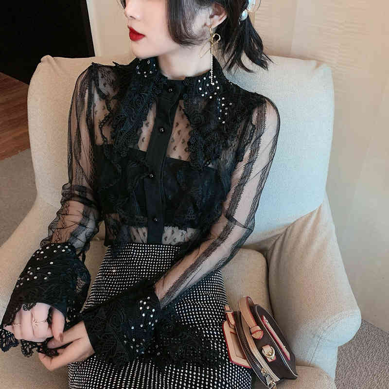 arrival Spring Two-Piece Set Women Sweet Sexy Perspective Long Sleeve Ruffles Shirt And Bodycon Mini Skirt Outfit 210519