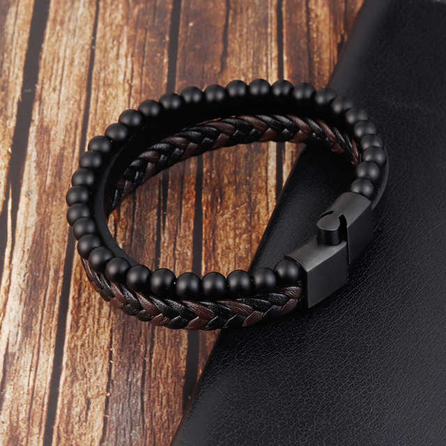 Fashion Natural stone Magnetic button leather braided bracelet men's steel jewelry Nice gift