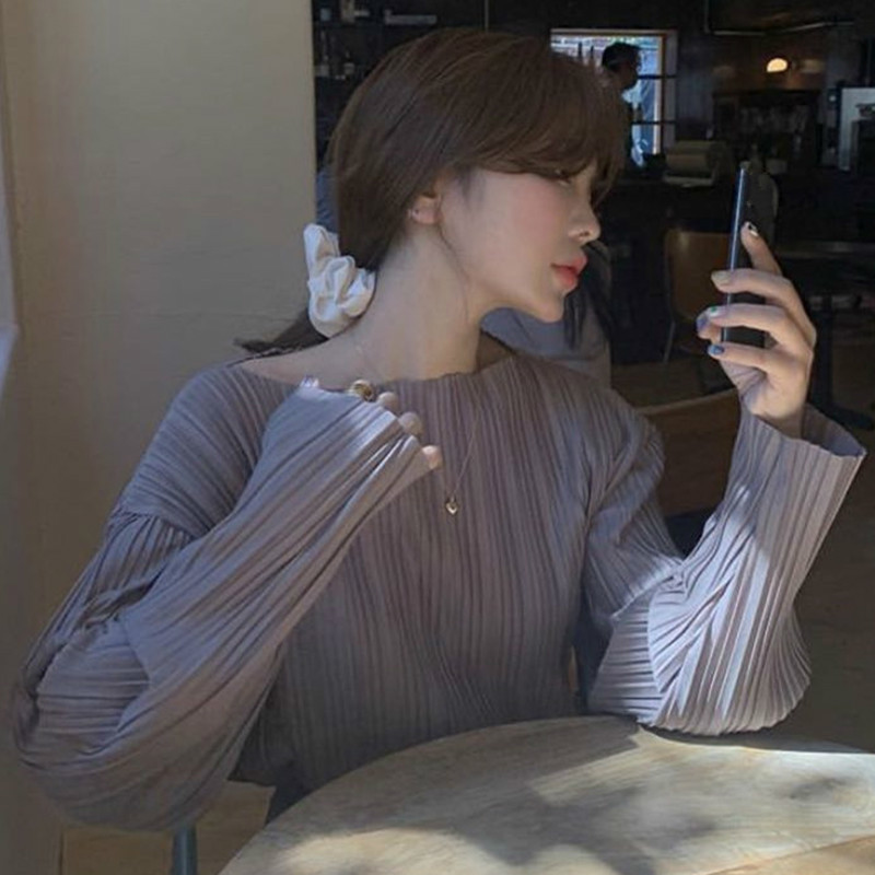 Nomikuma Causal O-neck Women Shirt Korean Pleated Long Sleeve Blusas Femme Autumn Chic Solid Blouses Feminimos Tops 6C279 210427