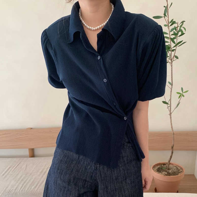 Korejpaa Women Shirt Summer Korean Chic Niche Temperament Basic Puff Sleeve Irregular Buttons Lapel Beveled Edges Blouses 210526