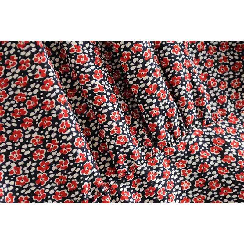 France Retro Lapel Puff Sleeve Floral Print Shirt Women Slim Waist Short Crop Blouse Girl's Tops 210429