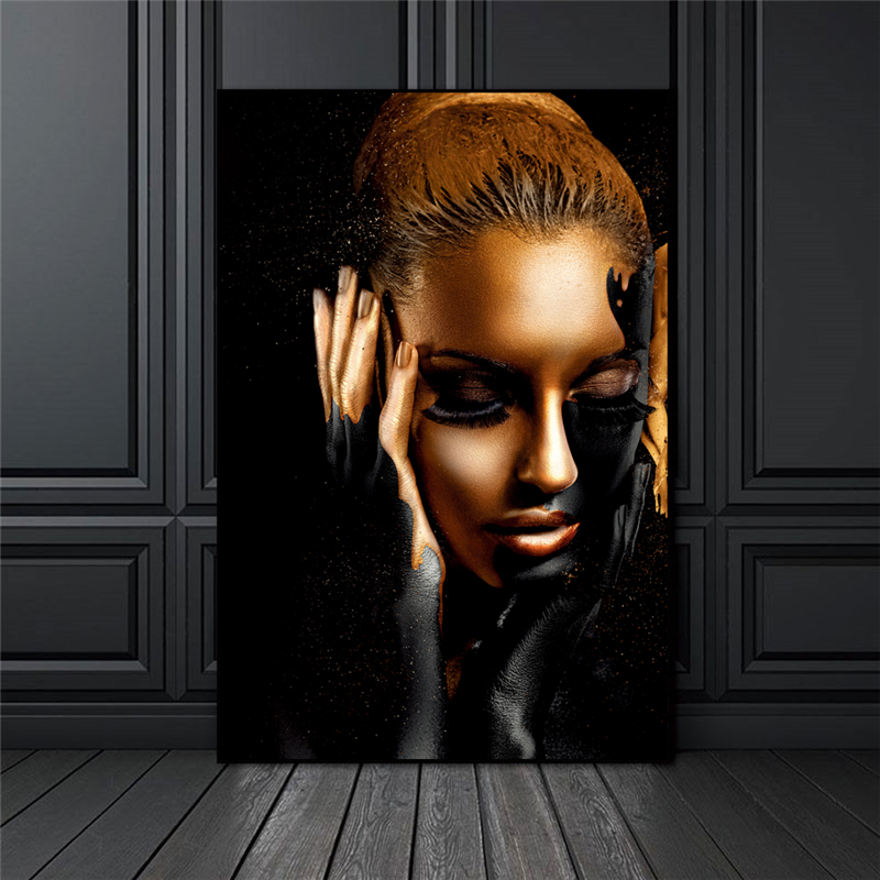 Black Gold African Woman Oil Paintings on Canvas Nude Wall Art Posters and Prints Scandinavian Cuadros for Living Room Decor