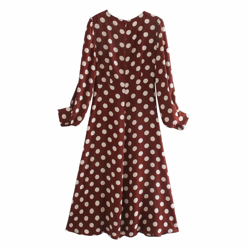 Women Polka Dot Printing Midi Dress Casual Femme O-Neck Lantern Sleeve Clothes Lady Loose Vestido D6665 210430