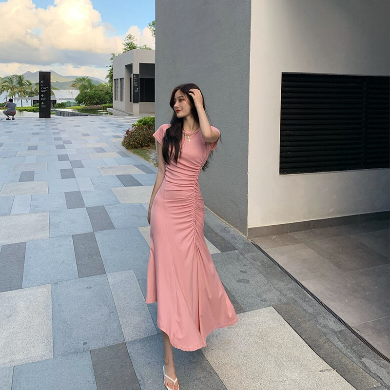 Elegant Vintage Dress French Solid O-Neck Shirring Slim Midi Dress Office Lady Korea Style Casual Thin Women Dresses Summer 210521