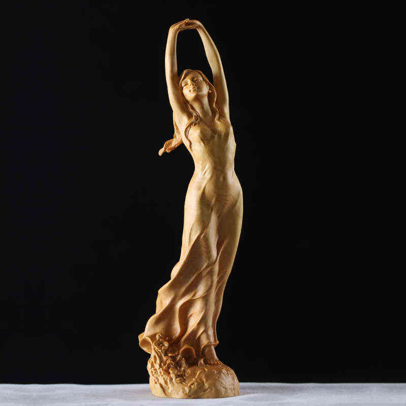 23cm Wood Chinese Style Beauty Female Statue Sculpture Art Handmade Boxwood Carving Fairy Miniature Decoration Crafts 211108