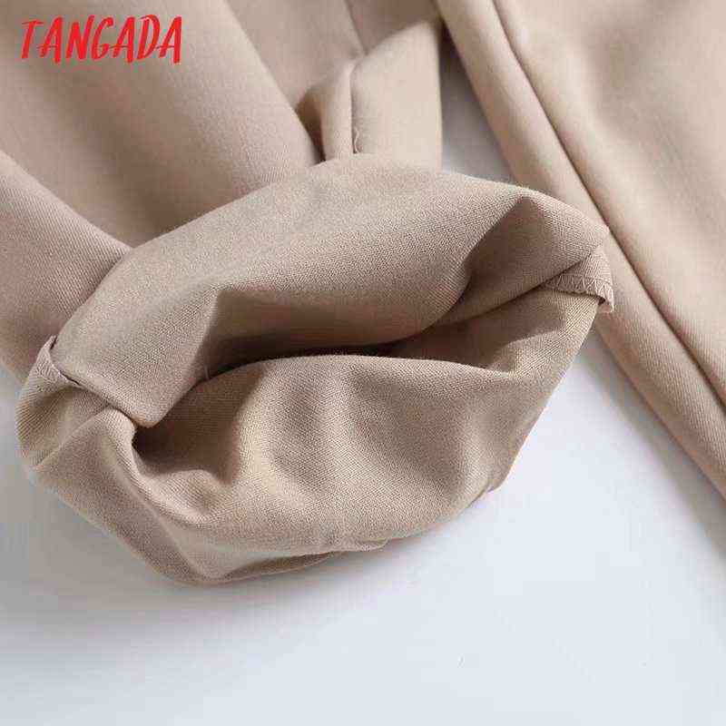 Tangada Fashion Women High Quality Khaki Suit Pants Trousers Side Pockets Buttons Office Lady Pantalon 4C31 211115