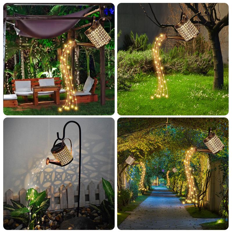 Lawn Lamps Solar Shower Garden Art Light LED Courtyard Hollow Out Lantern Kettle Lamp Starry Fairy Pathway Decor