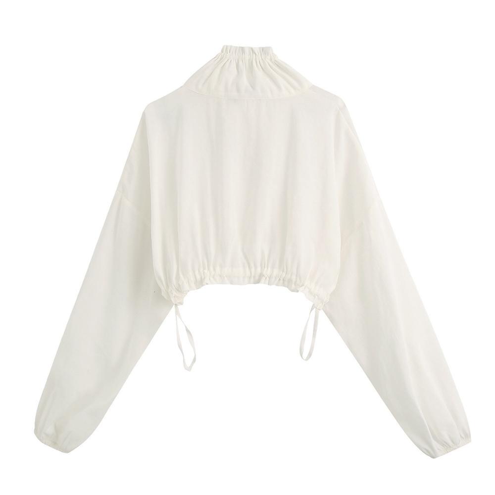 Stand Ruffles collar White Short Jacket Retro Women Bat Long Sleeve Adjust Rope Elastic Hem High Waist Jackets Casual Tops 210429
