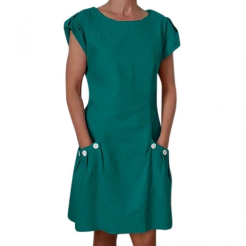 Women Dress Solid Short Sleeve Cotton Linen Loose Casual Ladies es Plus Size Summer es Black Orange 210513