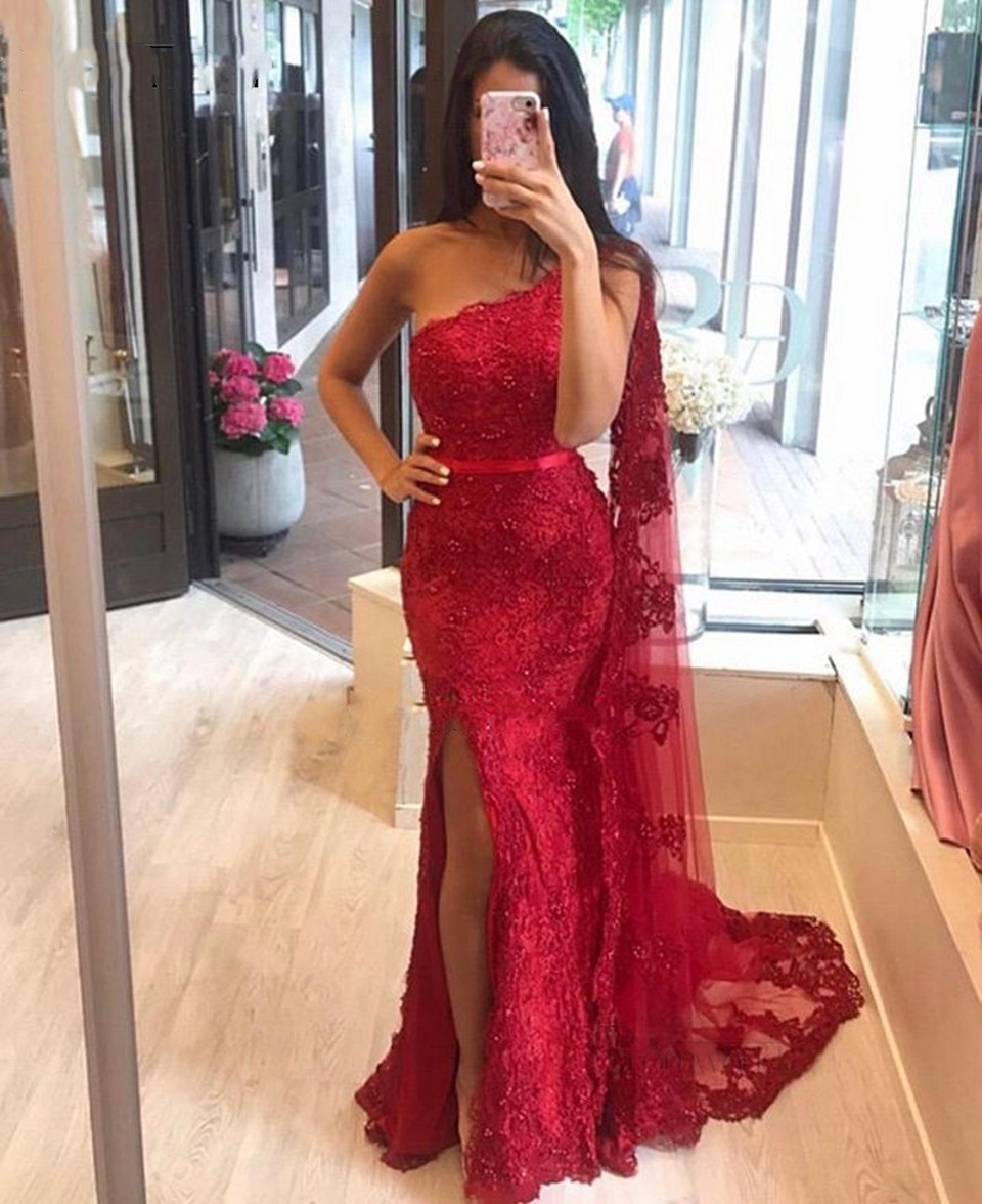 Arabic Dubai Red Split Mermaid Formal Evening Dresses For Women 2021 Party Night Prom Gowns Lace Appliques One Shoulder Long Special Occasion Dress Ve