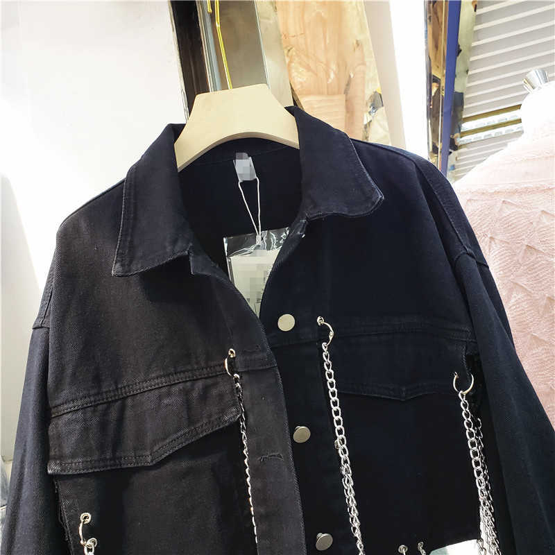 DEAT Women Personality Chain Streetwear Denim Coat Long Sleeve Fashion temperament Spring autumn 11D1999 210709