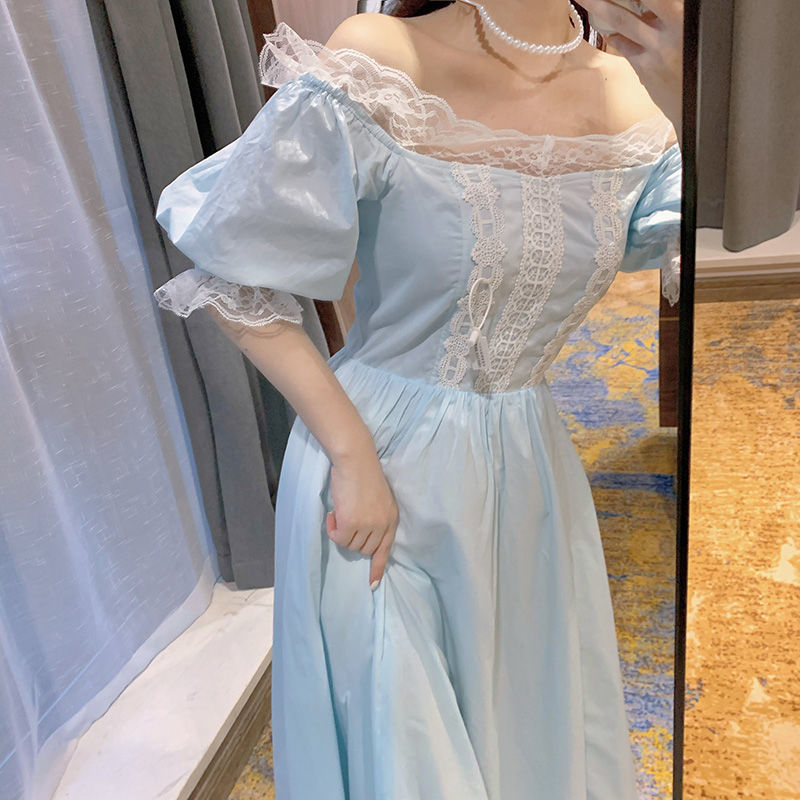 Kawaii Vintage Dress Women Puff Sleeve Lace Elegant Dress Evening Party Fairy Dress for Females Korean Style Summer Casual 210521