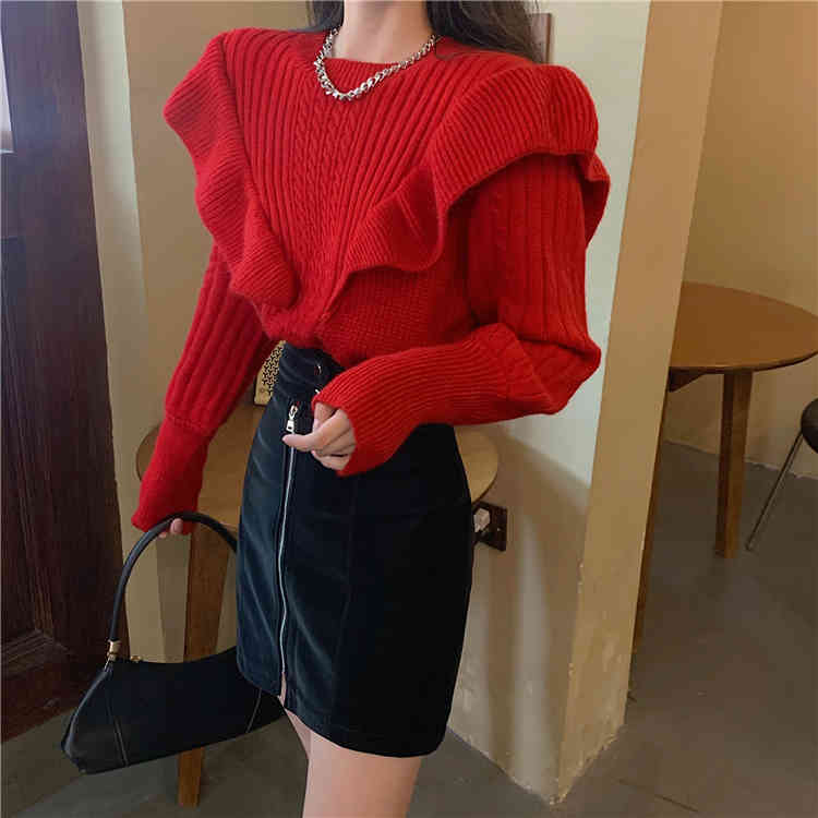 MATAKAWA Puff Sleeve Women's Sweater Spring Fashion Woman Sweaters Loose Ruffled Red Knitted Pullovers Top 210513