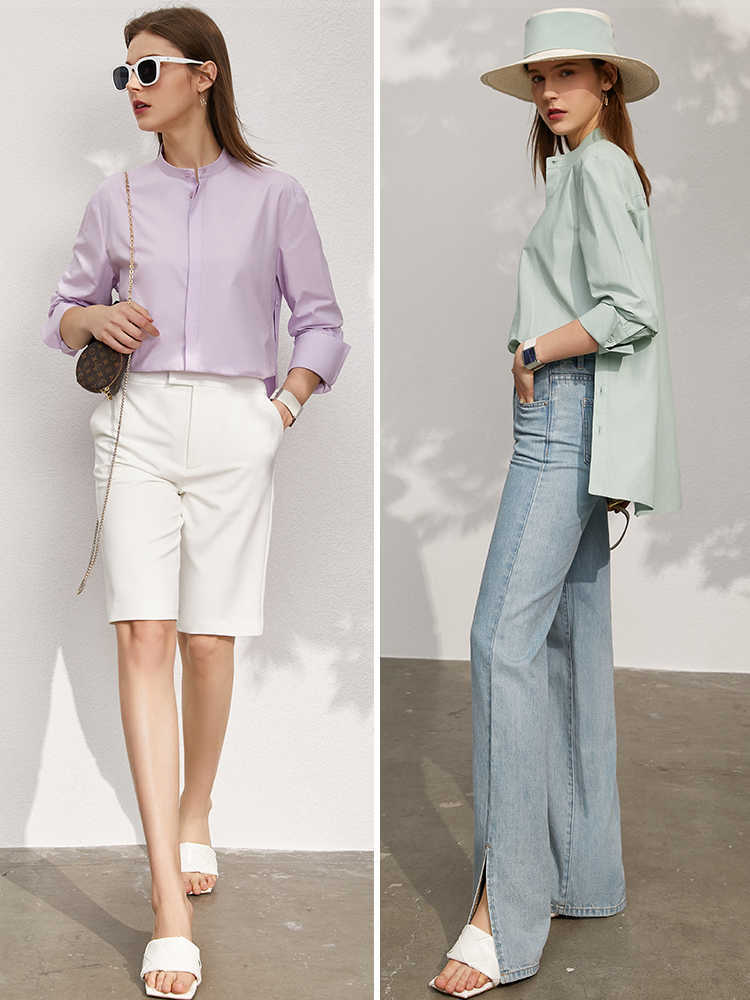 Minimalism Spring Women's Blouse Offical Lady 100%Cotton Solid Stand Collar Loose Female Tops Shirt 12130128 210527
