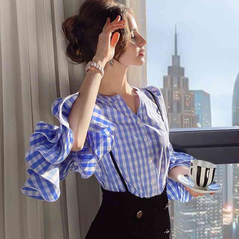 Dabuwawa Ruffled Women Blouse Shirt Striped Print Buttons Female Tops Shirts Autumn Spring Office Ladies Blouses DO1AST009 210520
