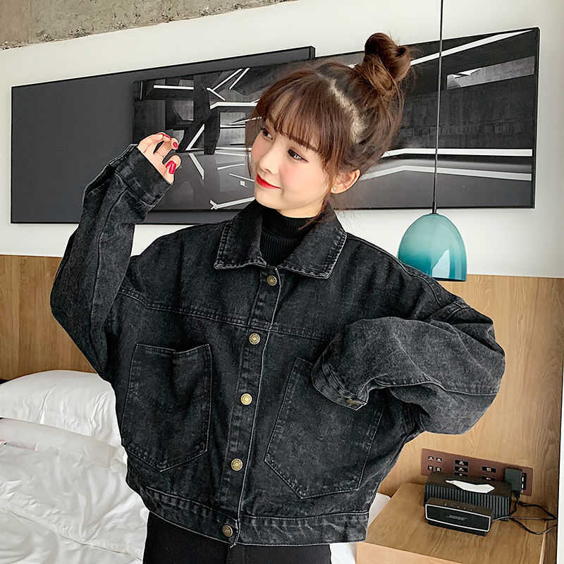 Black Denim Short Jackets Women Loose Single Breasted Button Pockets Korean Style Chic Retro Harajuku Casual Streetwear Womens 210804