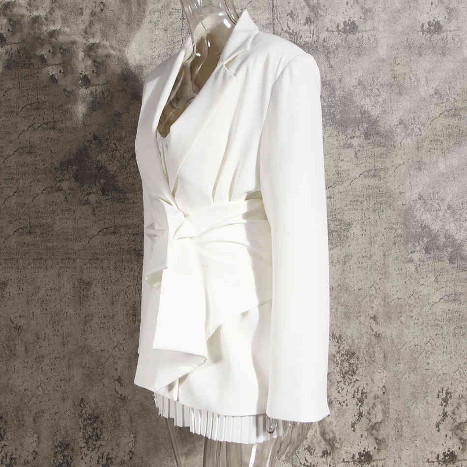 Women's White Knot Split Irregular Casual Jacket V-neck Belt Long Sleeve Loose Fit Fashion Summer Fall 210525