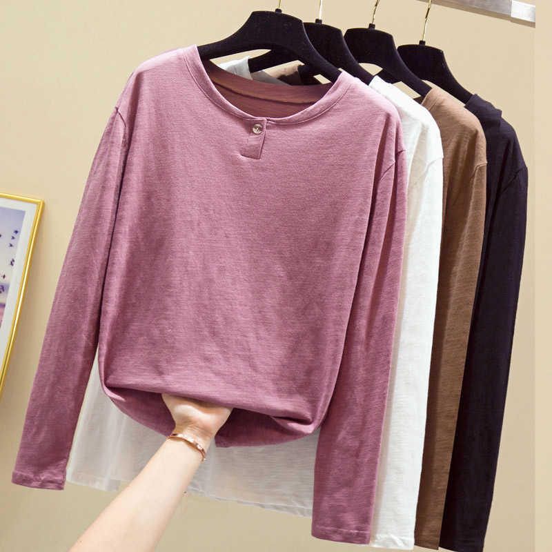 Autumn Long Sleeve T-shirt Fashion Solid Female White Cotton Women Tshirts Casual Button Tee Shirt Femme P Tops 210604, Brown
Autumn Long Sleeve T-shirt Fashion Solid Female White Cotton Women Tshirts Casual Button Tee Shirt Femme P Tops 210604, Brown