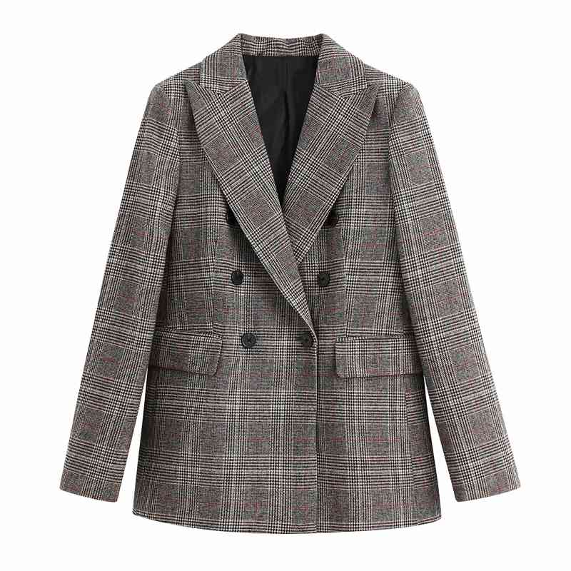Streetwear Women Grey Plaid Jacket Fashion Vintage Ladies Double Breasted Blazer Causal Female Chic Pocket Long Suits 210430