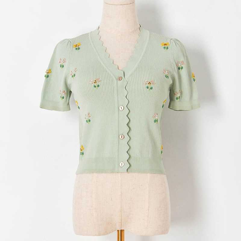 Beading Flower Wave Cardigan Women Summer V-neck Short Sleeve Knit Blouses for Woman Elegant Fresh All-match Female Tops 210525