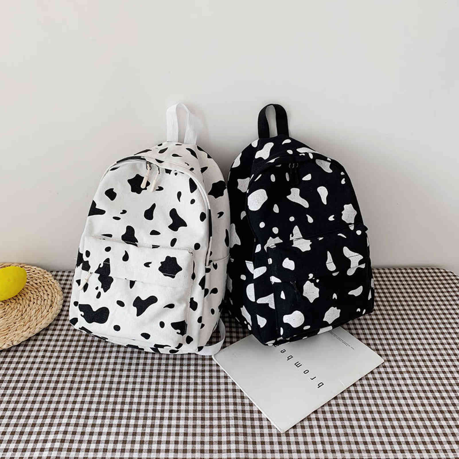 Cow Milk Print Canvas Backpack Women Students Girls Daily Casual Bag Large Capacity Shoulder School Bag 2021 Fashion Popular Y1105
