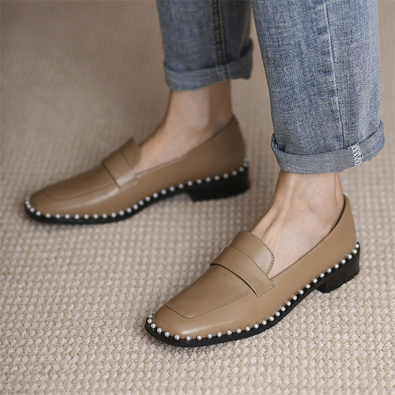 Natural Genuine Leather Low Heels Women Shoes Pearl Thick Heel Sheepskin Square Toe Pumps Female Footwear 210517
