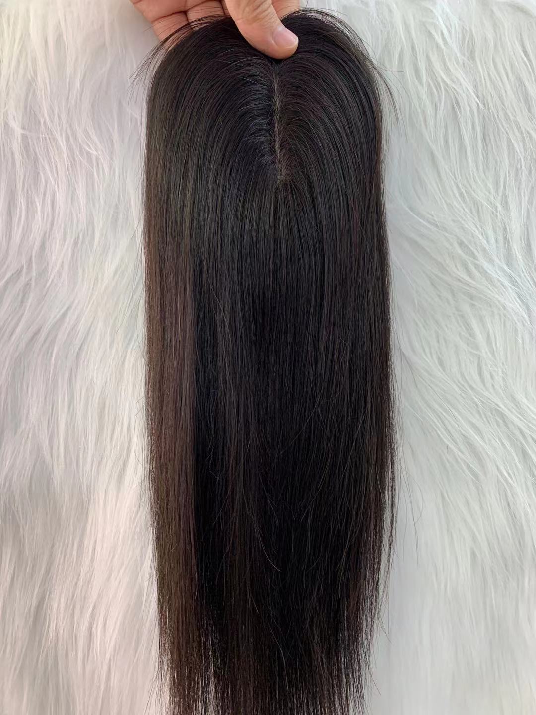 Slik Base Human Hair Topper Natural Black color 8*14cm Clip in Toupee Pieces Top Closure 120% Density for Women