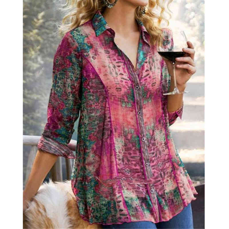 Long Sleeve Shirt Oversize V-neck Vintage Printed Tees Women Lapel Collar Tops Lady Office Loose T Shirt Fashion T-Shirts 210515