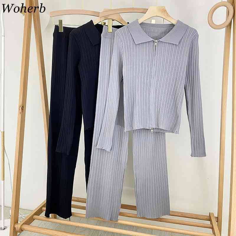 Women Zipper Knitted Cardigans Sweaters + Wide Leg Pants Sets Female Fashion Jumpers Trousers Set Korean Casual Outfit 210519