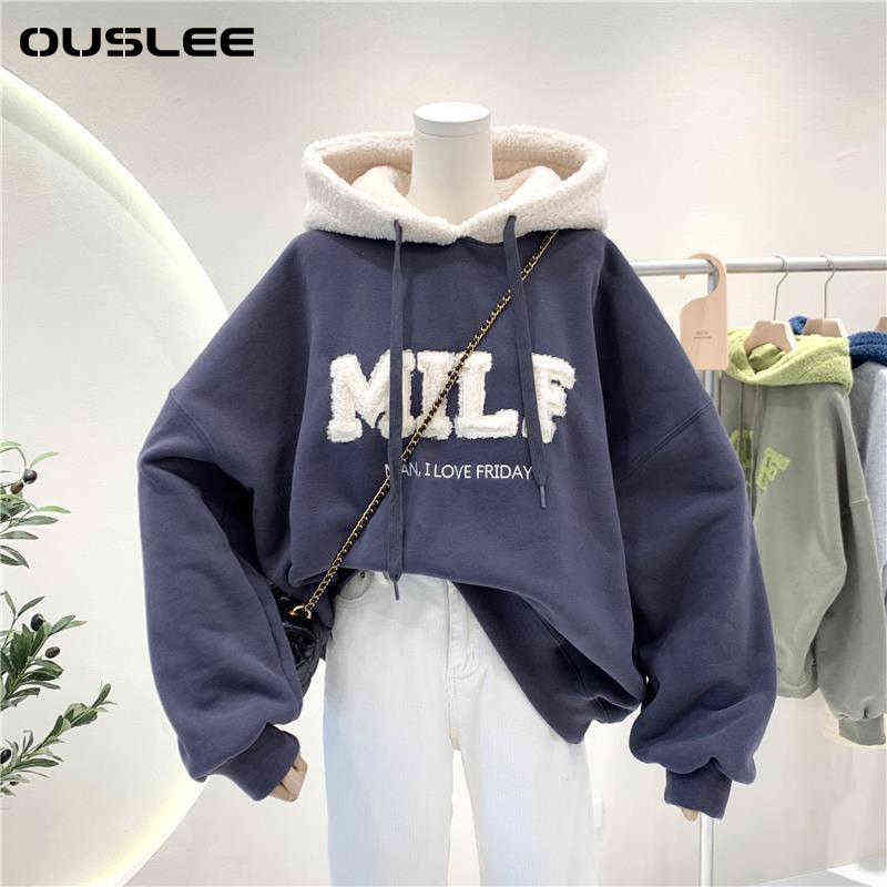 OUSLEE Fashion Patchwork Oversize Sweatshirt Women Winter Casual Loose Cotton Thick Letter Long Sleeve Hoodies Female Streetwear 211108