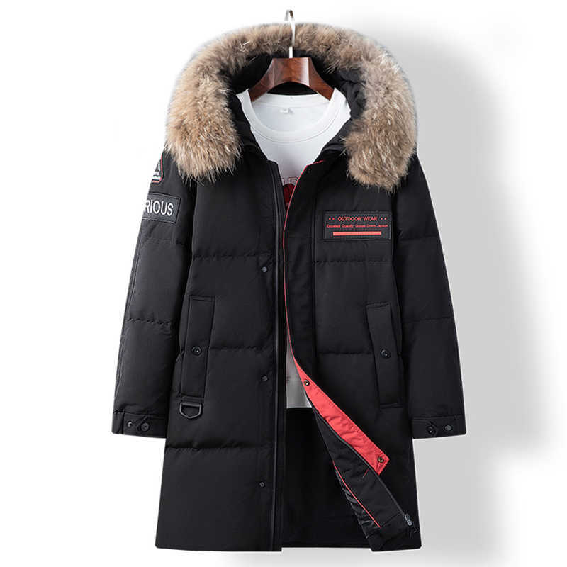 Winter Embroidery Thicken Long Down Jacket men Hooded Warm Parka 90% White Duck Down Real Fur Collar Male Coat 210927