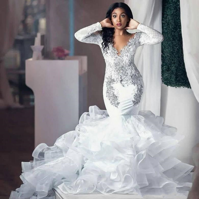 2021 African Long Sleeve Mermaid Wedding Dresses Ruffles Skirt Court Train Appliques Silver Lace Trumpet Bridal Gowns Custom Made Bride Dress, Sage
2021 African Long Sleeve Mermaid Wedding Dresses Ruffles Skirt Court Train Appliques Silver Lace Trumpet Bridal Gowns Custom Made Bride Dress, Sage