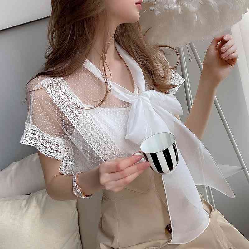 Dabuwawa Elegant White Tie Neck Mesh Sexy Blouse Shirt Women Bow Collar Short Sleeve Ladies Tops And Blouses DT1BST015 210520