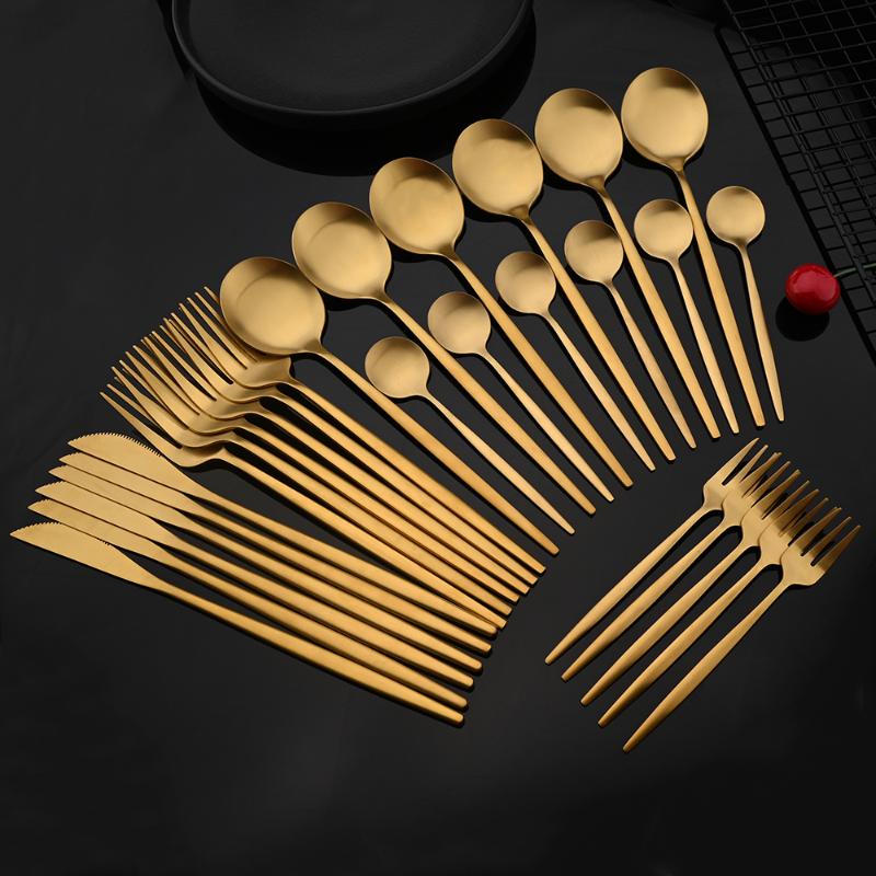 

Dinnerware Sets 6/30Pcs Matte Gold Set Stainless Steel Dinner Knife Fork Spoon Cutlery Kitchen Silverware Flatware Tableware, 6pcs cake fork